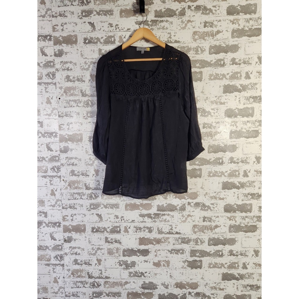 Boho Crochet Lace Blouse Large Black Peasant Romantic Goth Witchy